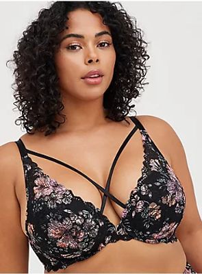 Push Up Plunge Strappy Bra - Lace Floral