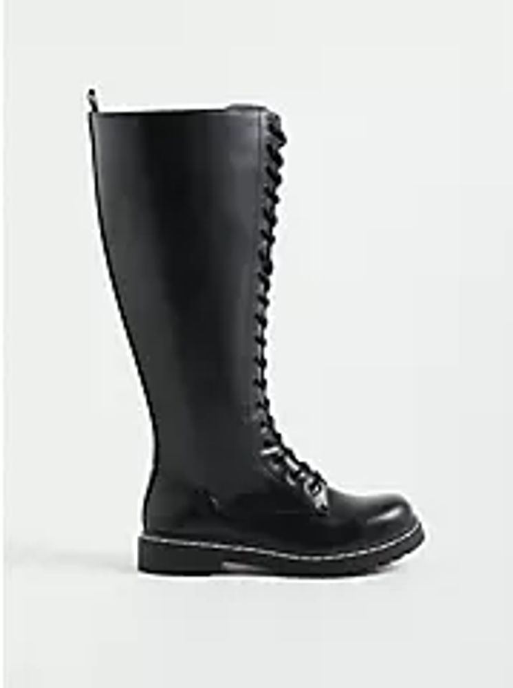 Combat Knee Boot - Faux Leather Black (WW)