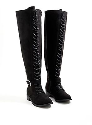 Double Buckle Over The Knee Boot - Faux Suede Black (WW)
