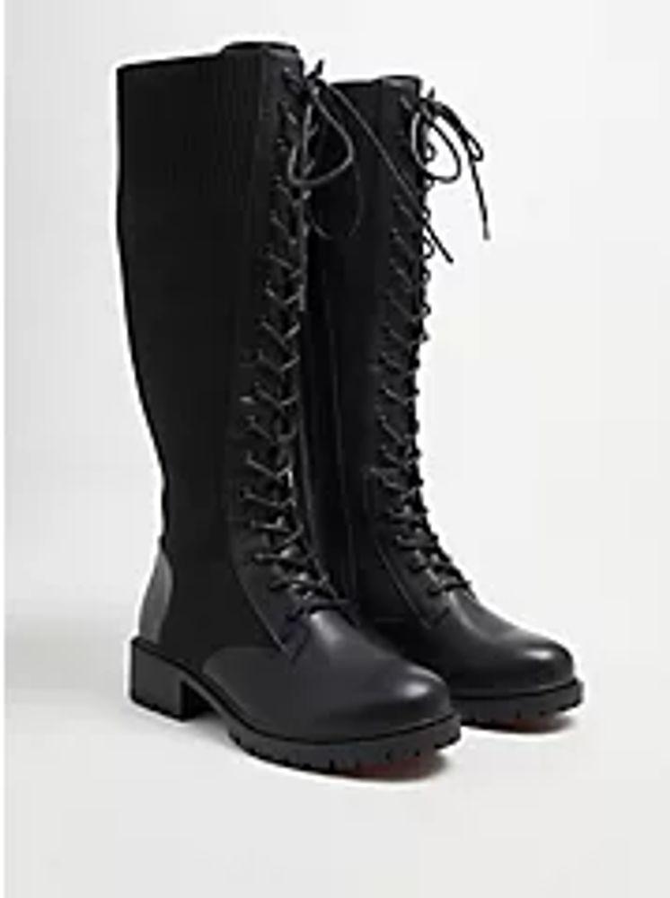 Stretch Knit Combat Knee Boot - Black Faux Leather (WW)