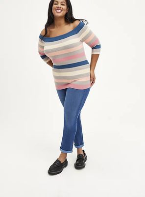 Off-Shoulder Sweater Crop Multi-Stripe 