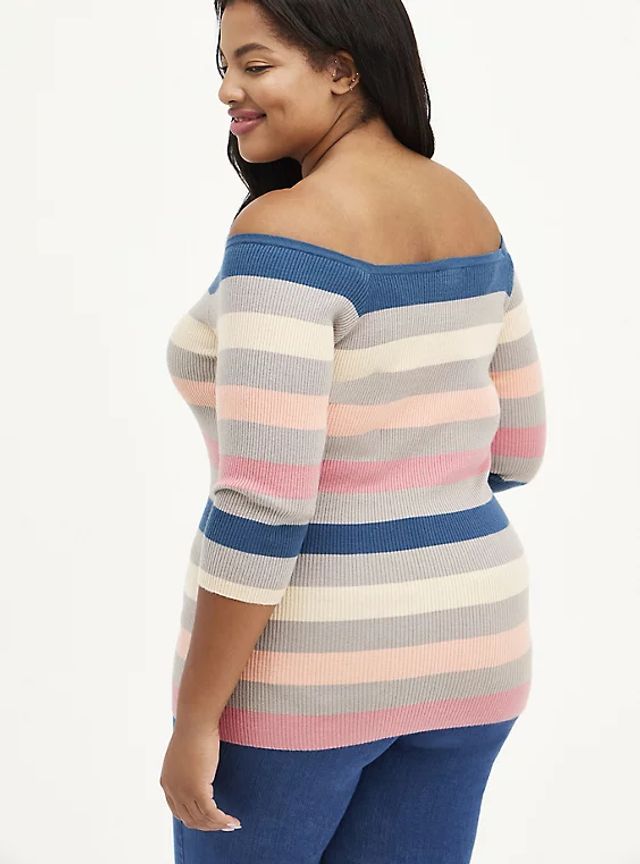 Off-Shoulder Sweater Crop Multi-Stripe 