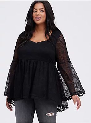 Bell-Sleeve Babydoll Top - Lace Black