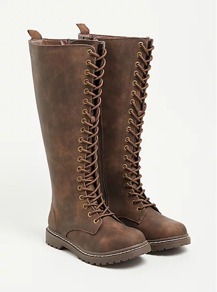Combat Knee Boot - Faux Leather Brown (WW)