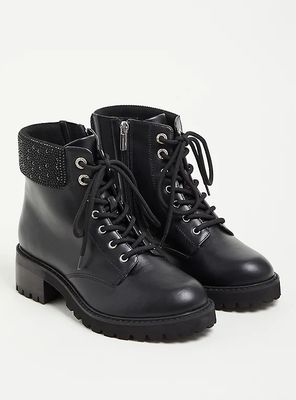 Plus - Embellished Cuff Combat Boot Faux Leather Black (WW) Torrid