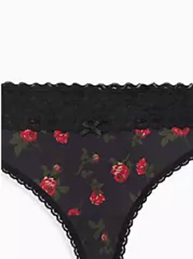 Wide Lace Trim Thong Panty - Cotton Roses Black