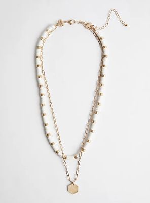 Plus Size - Layered Necklace with Beading - Gold Tone & White - Torrid