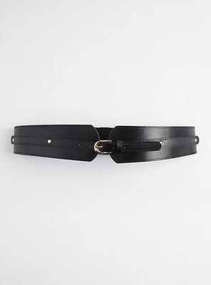 Plus - Stretch Waist Buckle Belt Faux Leather Black  Torrid