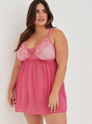 Plus - Embroidered Strappy Babydoll  Mesh Pink Torrid