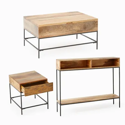 Industrial Storage Pop-Up Coffee Table, Skinny Console & Side Table Set | Modern Living Room Furniture | West Elm
