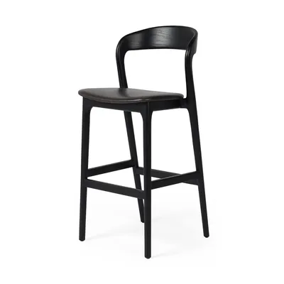 Scooped Ash Wood Leather Stool | West Elm