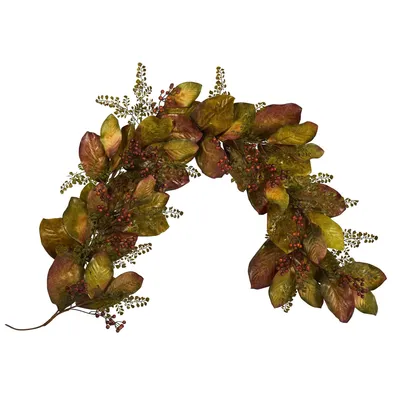 6' Faux Autumn Magnolia Leaf w/ Berries Garland - Green | West Elm
