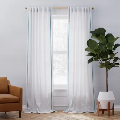 Open Box: Belgian Flax Linen Embroidered Stripe Curtain