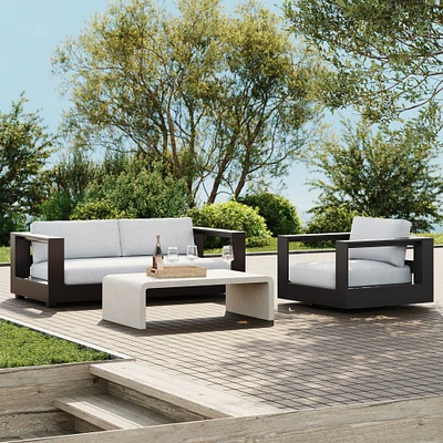Telluride Aluminum Outdoor Sofa (83"), Swivel Chair & Syros Waterfall Coffee Table (44") Set | West Elm