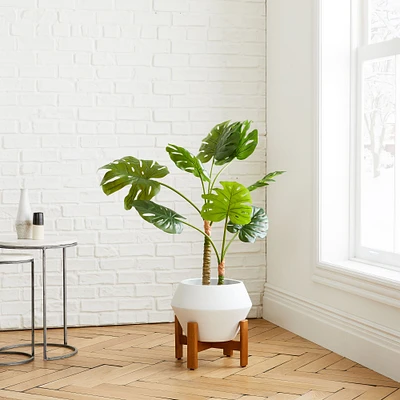 Faux Monstera Plant & Ilya Turned Wood Planter Bundle | West Elm