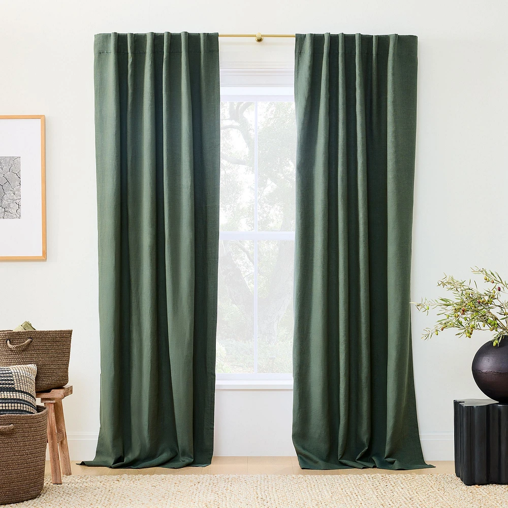 Open Box: Custom Size European Flax Linen Blackout Curtain - Olive Melange | West Elm