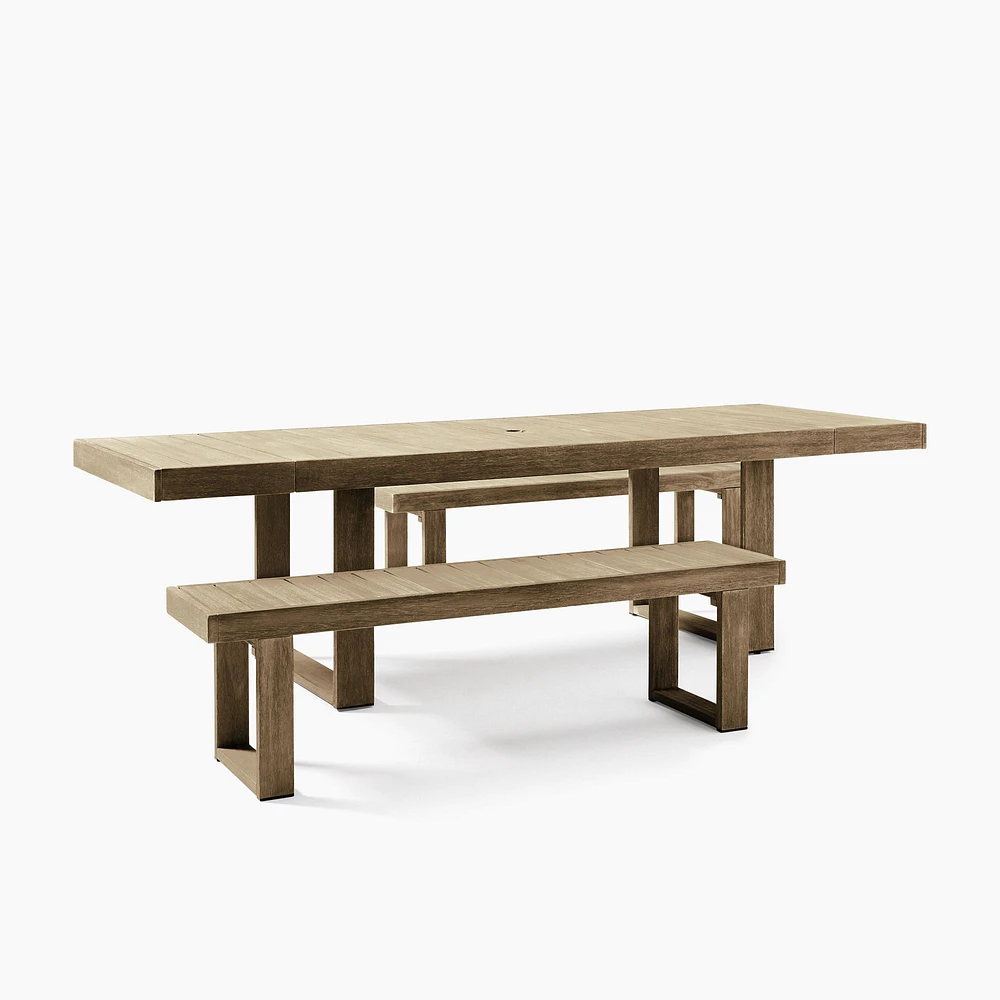 Portside Wood Outdoor Expandable Dining Table (76.5"–106") & Benches Set | West Elm