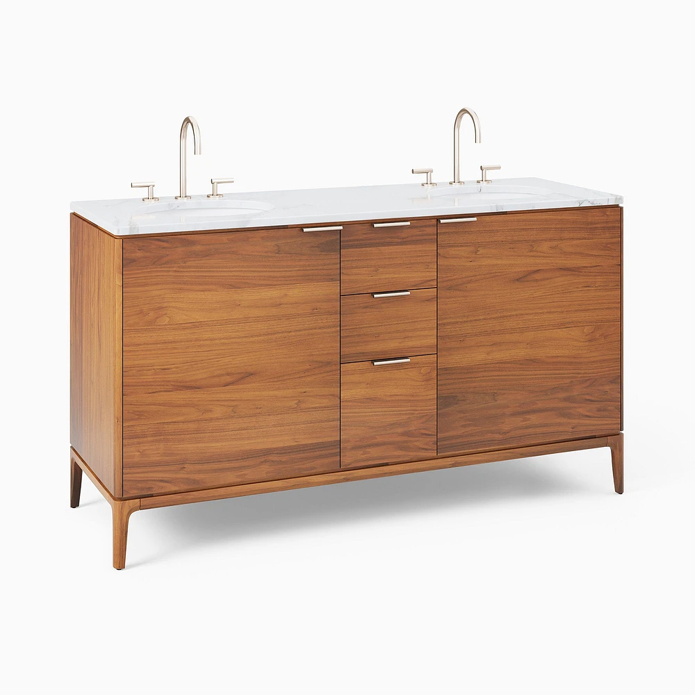 Parker Double 63" Bath Vanity, Cool Walnut, White Marble Top, Antique Brass Hardware
