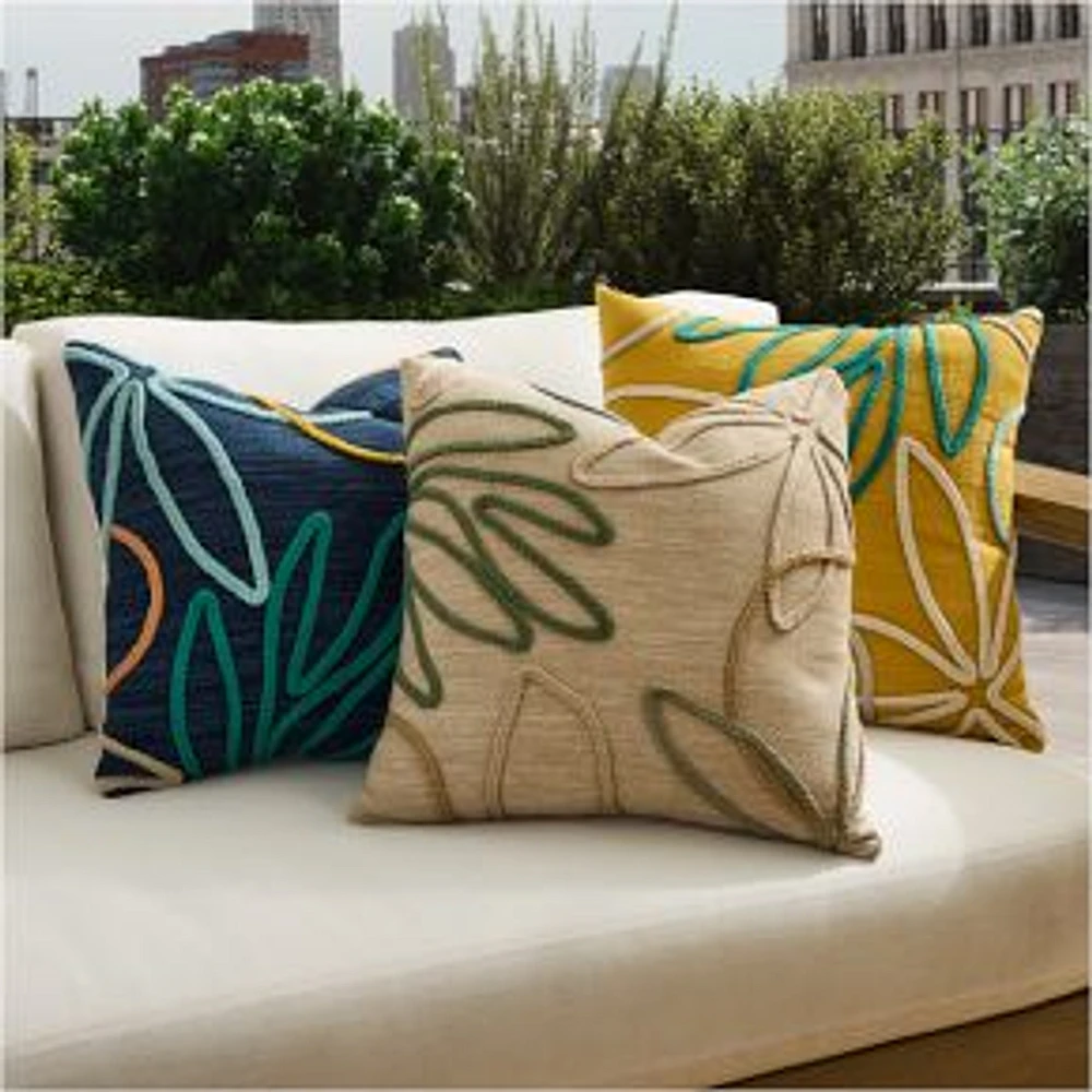 Outdoor Linework Floral Pillow, 20x20, Sand