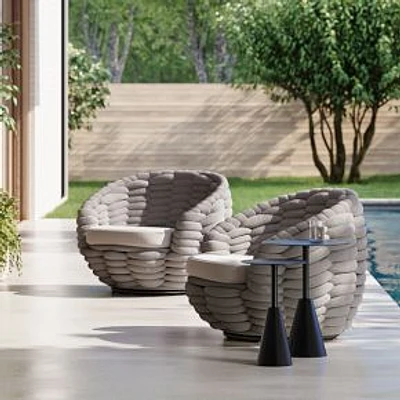 Cozy Outdoor Swivel Chair Set of 2, Gray, Alabaster and Tyra Side Tables, Dark Bronze