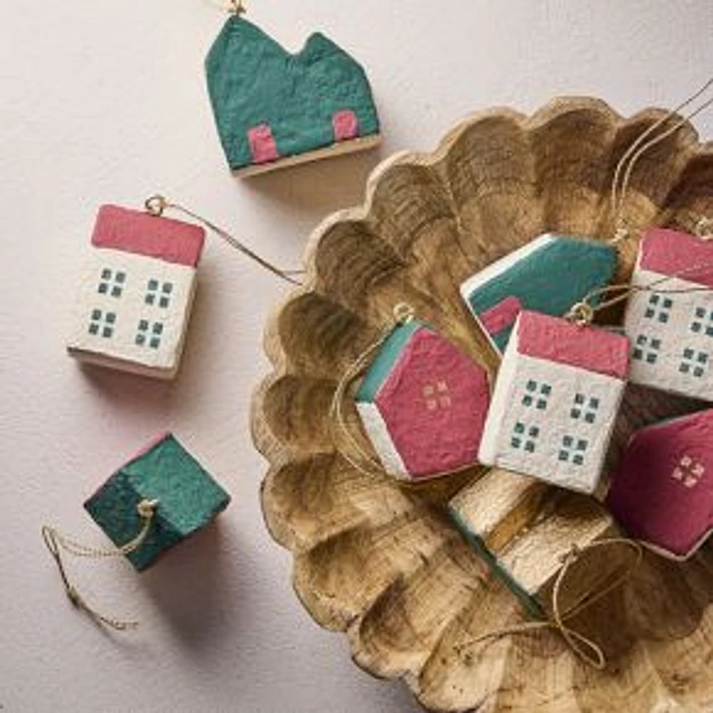 Cotton Mache Houses Ornament, Multi, Set of 9