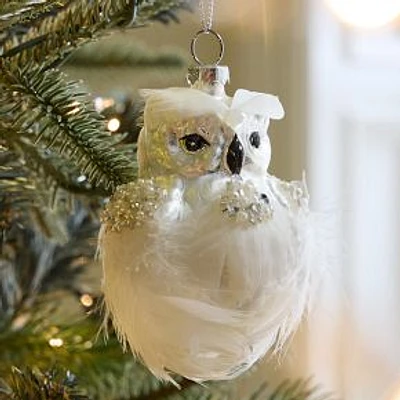 Glass Feather Owl Ornament, White