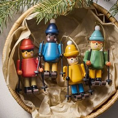 Wood Skier Ornament, Blue