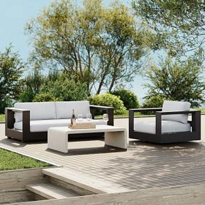 Telluride Aluminum Sofa and Swivel Chair, Dark Bronze and Syros Coffee Table, White