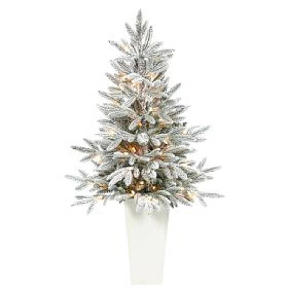 Pre-Lit Faux Potted Flocked Manchester Spruce Tree, 3.5', Green/White