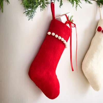 Beaded Felt Stocking, White with Red