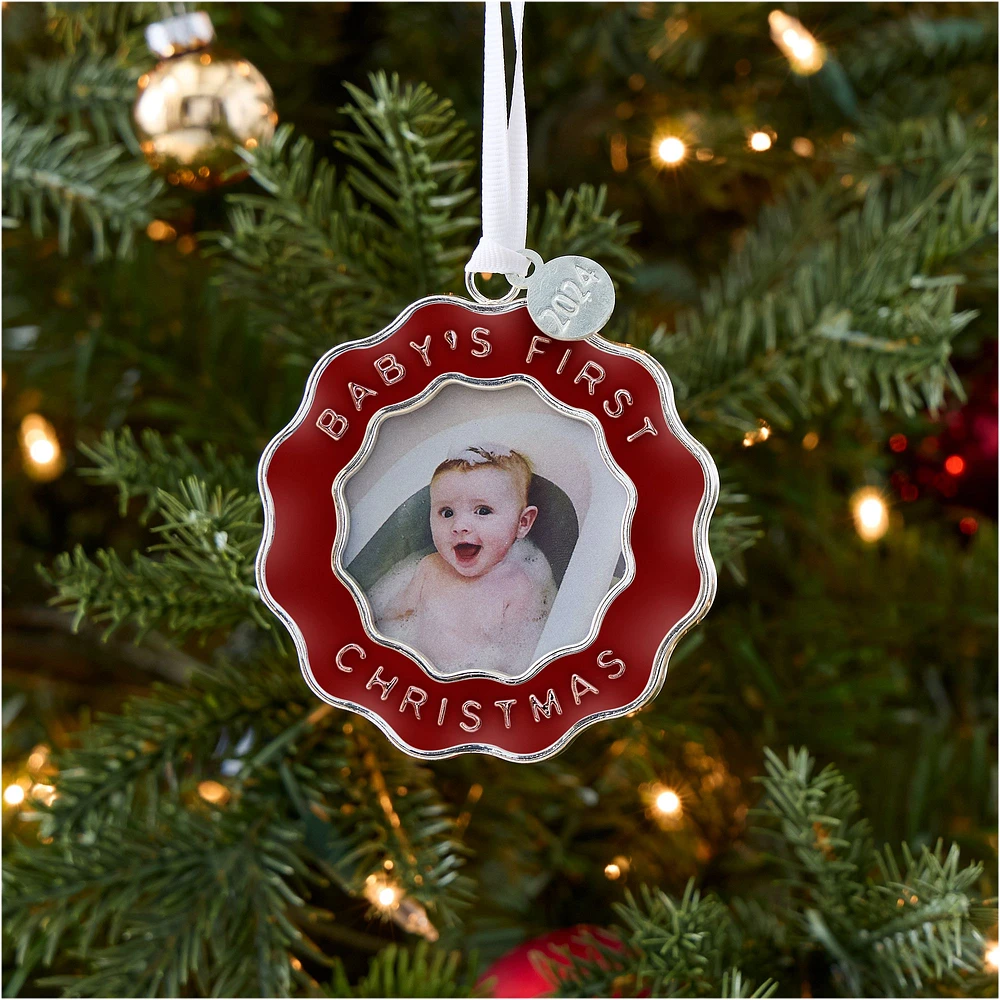 Heirloom Babys First Xmas Squiggle Frame Ornament White