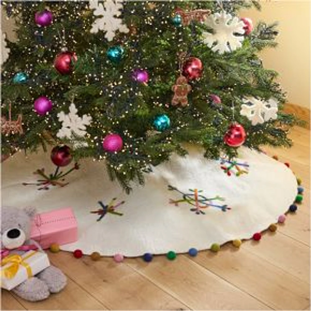 Felt Multi Snowflakes Tree Skirt with Pom Poms