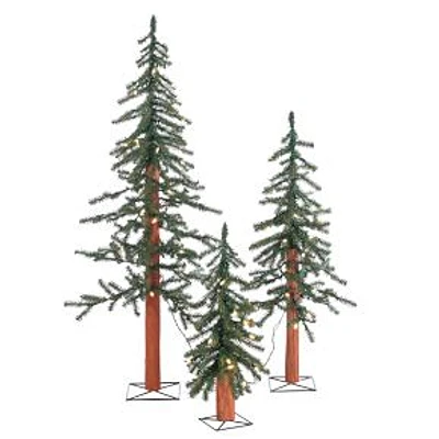 Pre-Lit Faux Alpine Trees w/ Wood Trunk, Set of 3