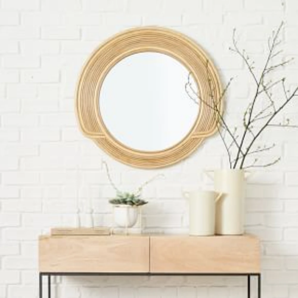 Bohemian Desert Sun Rattan Round Wall Mirror, Natural, 30" Diam