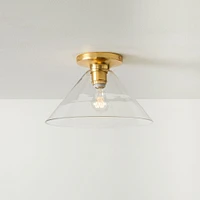 Sculptural Flush Mount Antique Brass Clear Glass Cone  (8")