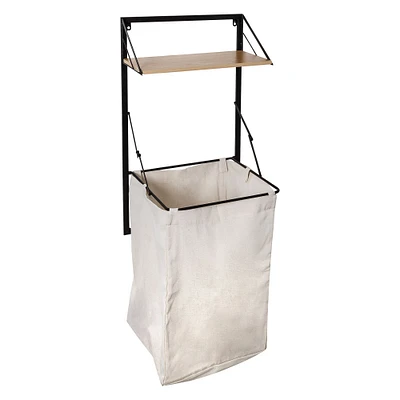 Collapsible Wall-Mounted Clothes Hamper With Canvas Laundry Bag And Wood Shelf- Black/Maple