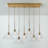 Sculptural 7 Light Chandelier Antique Brass Clear Glass Cone  (8")