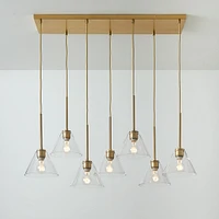 Sculptural 7 Light Chandelier Antique Brass Clear Glass Cone  (8")