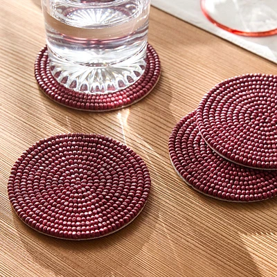 Wood Beaded Coasters, Natural, Set of 4