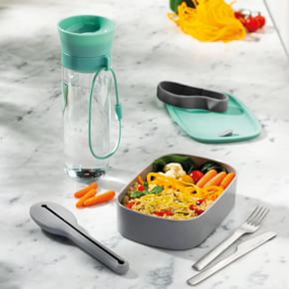 Leo Lunch Set, WaterBottle + Flatware + Bento Box, Gray + Green