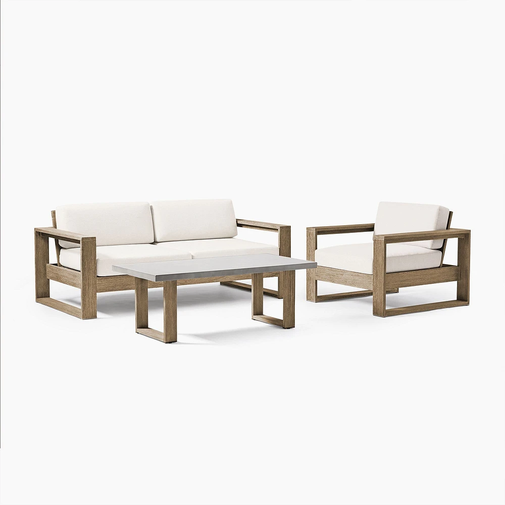 Portside Outdoor Sofa (75"), Lounge Chair & Concrete Coffee Table Set, Driftwood, Alabaster Cushions