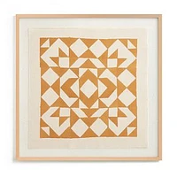 Quilt Wall Art, Natural Wood Block Frame, Block Print Textile, 30x30