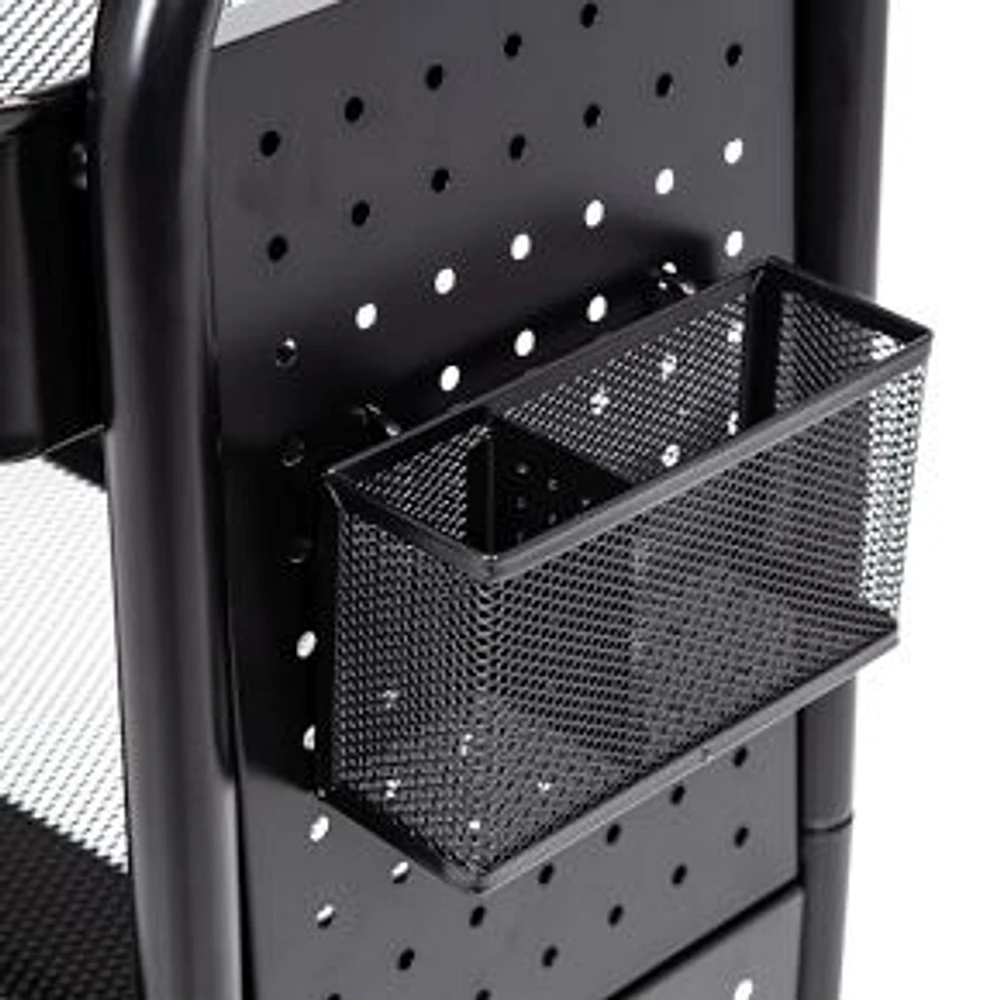 Rolling Craft Cart With Wheels Pegboard Shelf And Metal Basket, Black