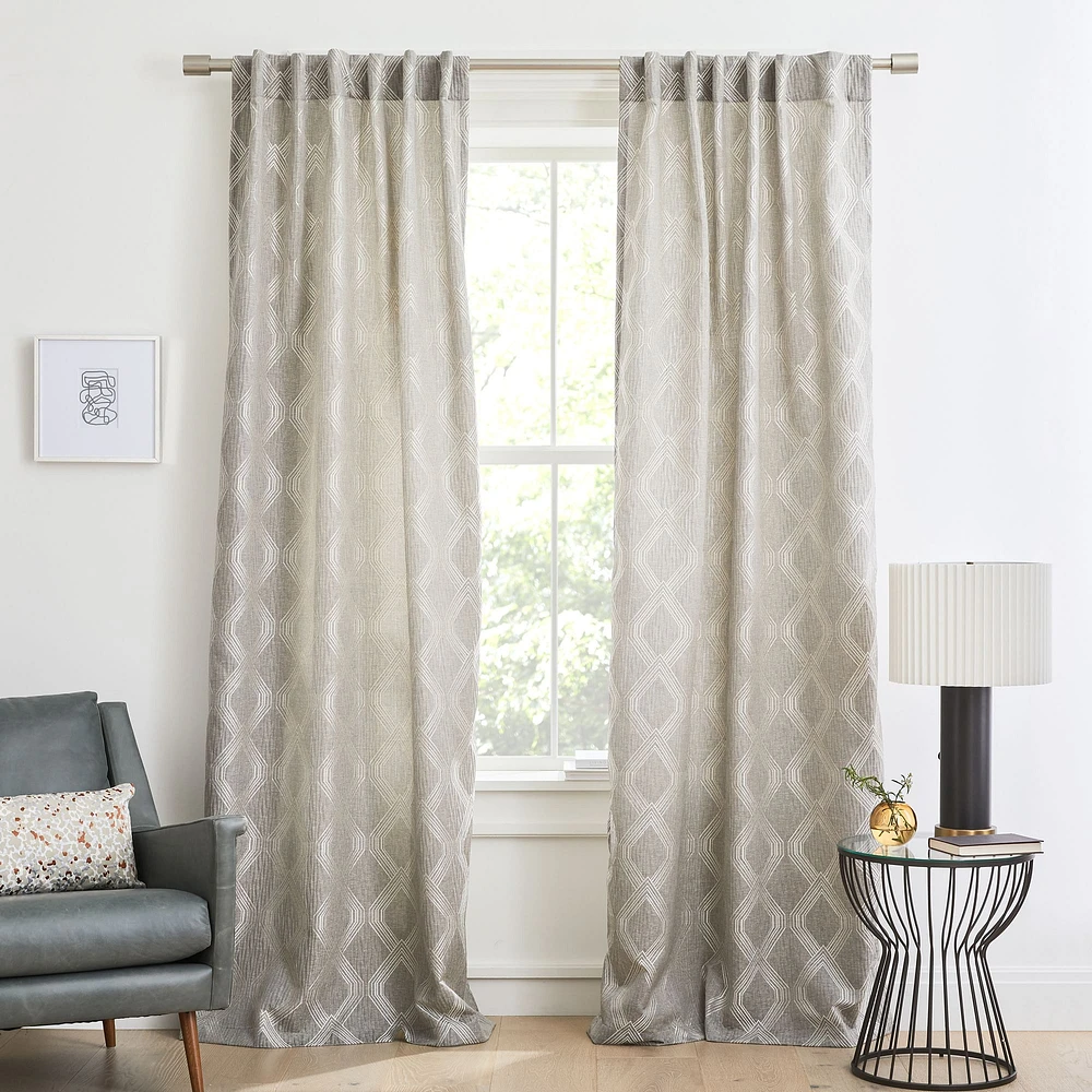 Open Box: Linear Lattice Jacquard Curtain, Fossil Gray, 48"x108"