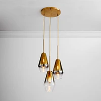 Sculptural 3 Light Chandelier Antique Brass Clear Glass Geo  (8")