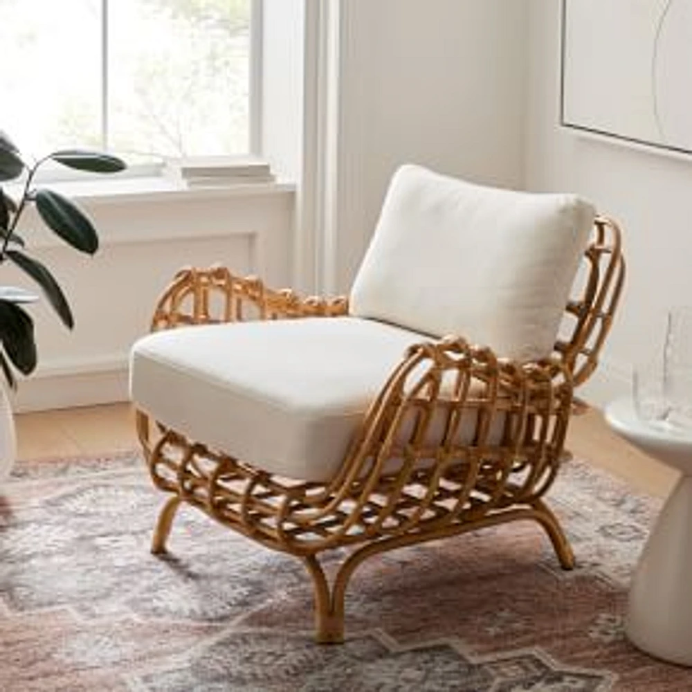 Savannah Rattan Chair + Cushion, Poly, Yarn Dyed Linen Weave, Stone White, Natural Rattan