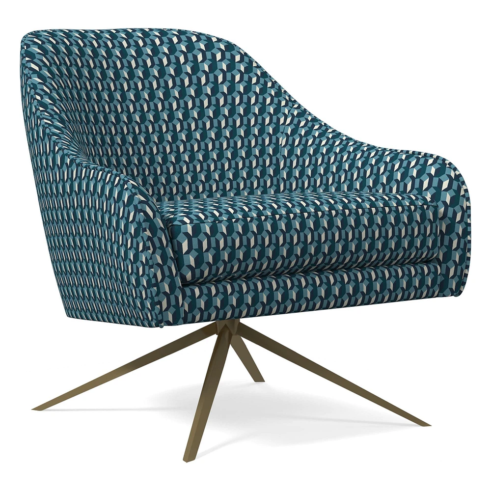 Roar & Rabbit Swivel Chair, Poly, Block Geo, Blue Teal, Antique Brass