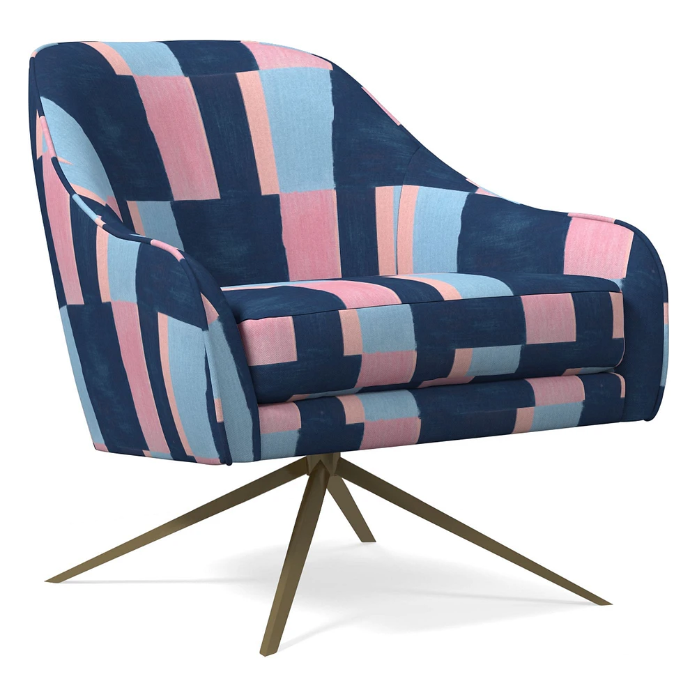 Roar & Rabbit Swivel Chair, Poly, Block Geo, Blue Teal, Antique Brass