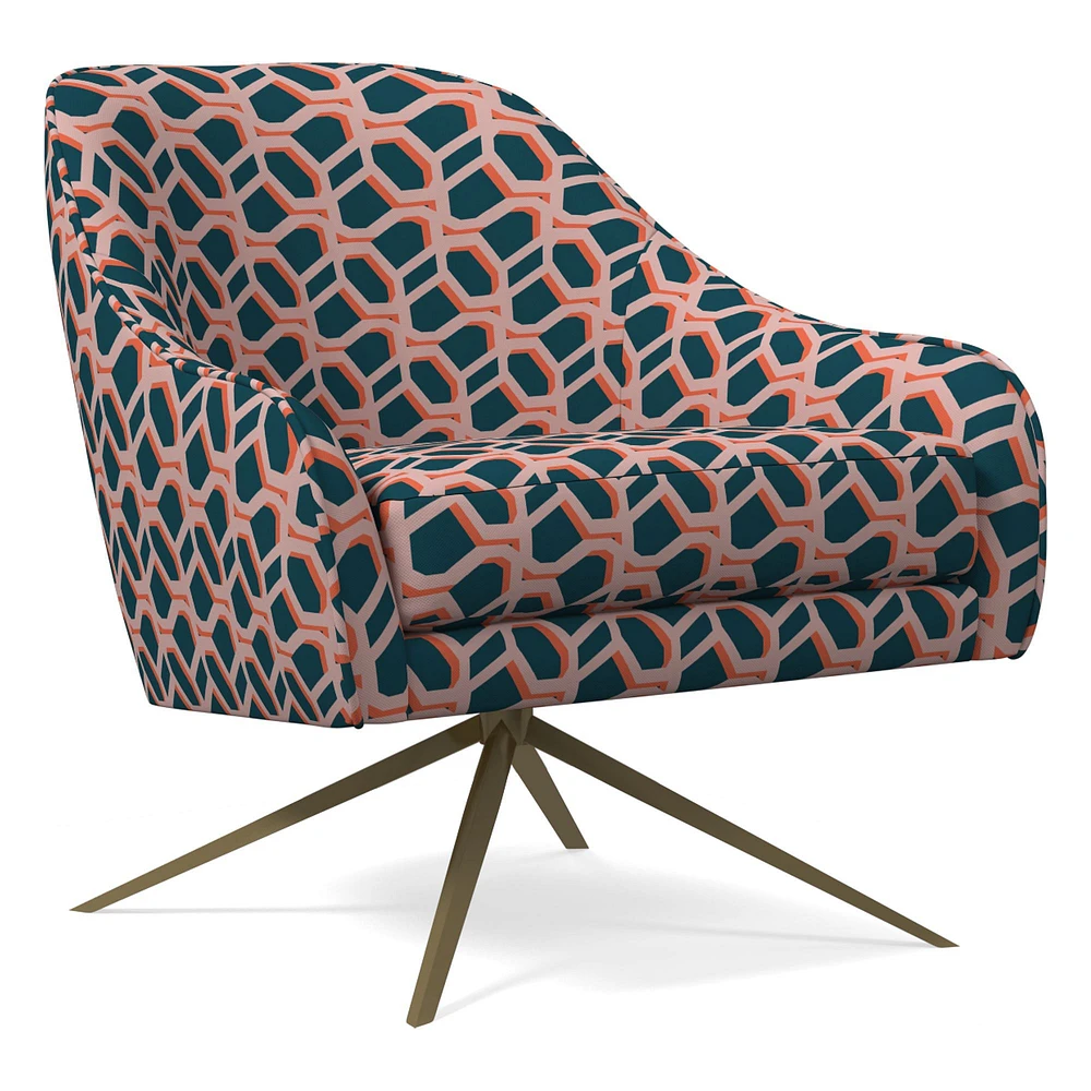 Roar & Rabbit Swivel Chair, Poly, Block Geo, Blue Teal, Antique Brass