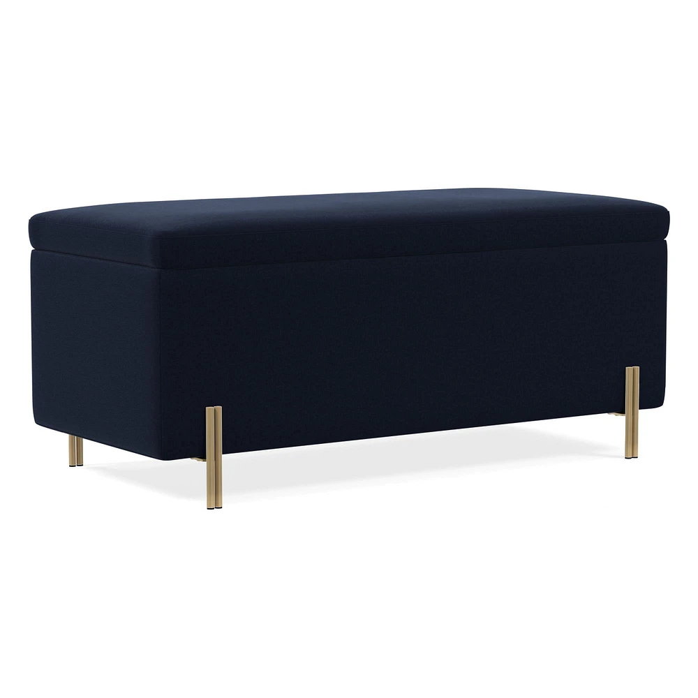 Open Box: Mod Storage Bench 42", Performance Distressed Velvet, Ink Blue, Antique Brass